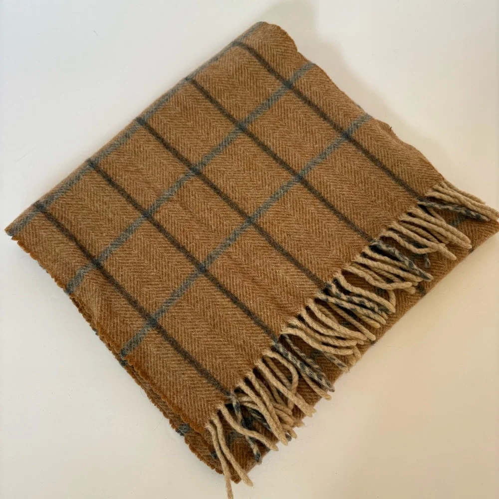 Vntg Eagle Products Made In Germany Cashmere Scarf Men’s Plaid Camel Fringe Soft